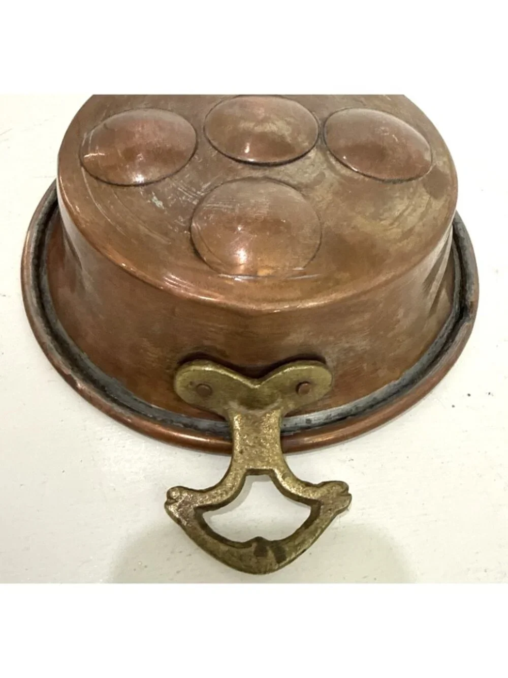 Antique French Copper Brass Handled Egg Poacher Escargot Pan 5 Hole